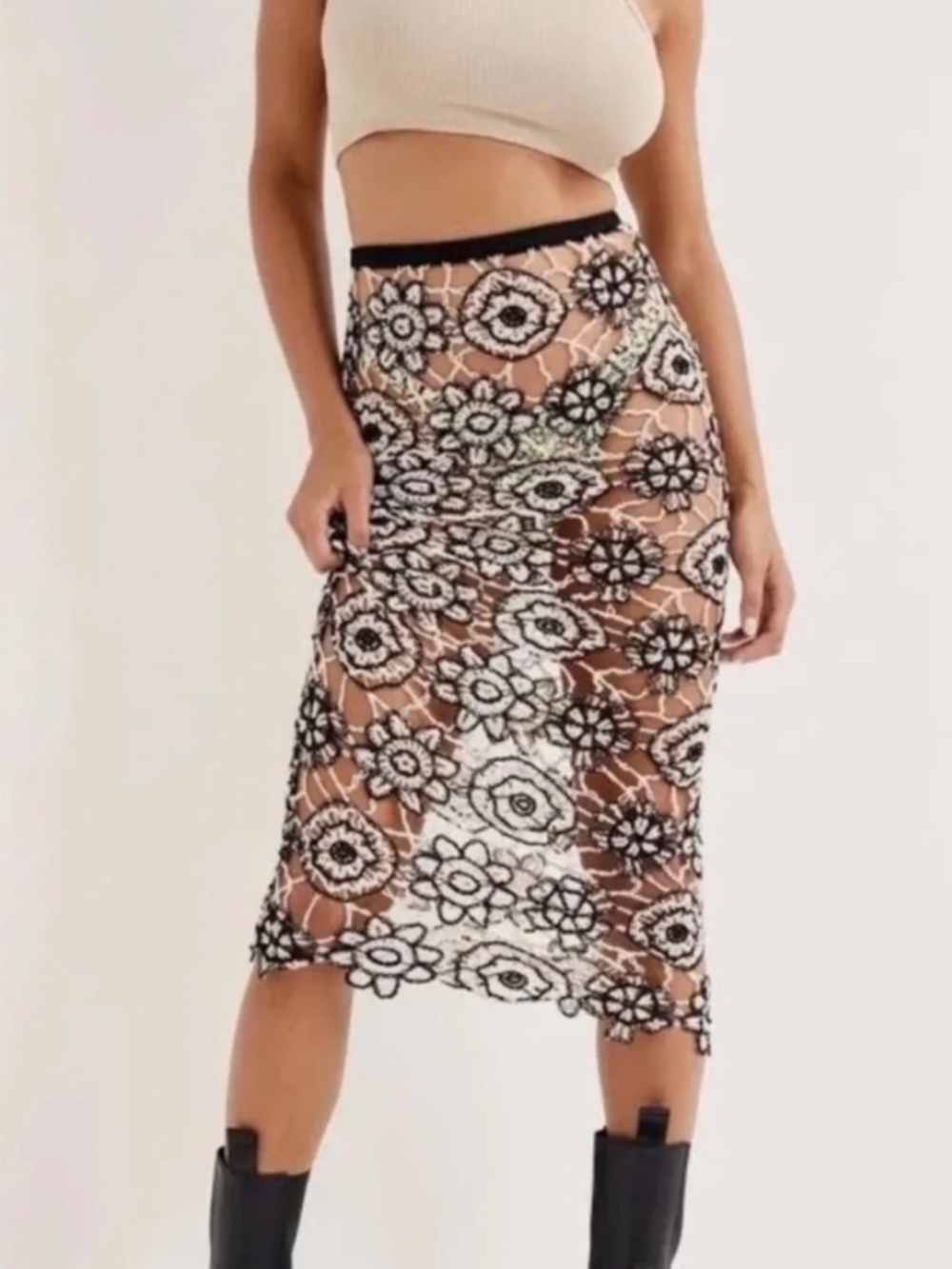 NWT For Love & Lemons Sofia Floral Crochet Midi Skirt